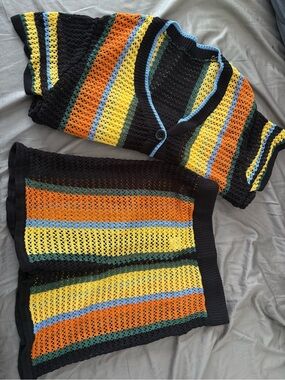 Black Crochet Two-Piece Set with Yellow, Orange & Blue Stripes